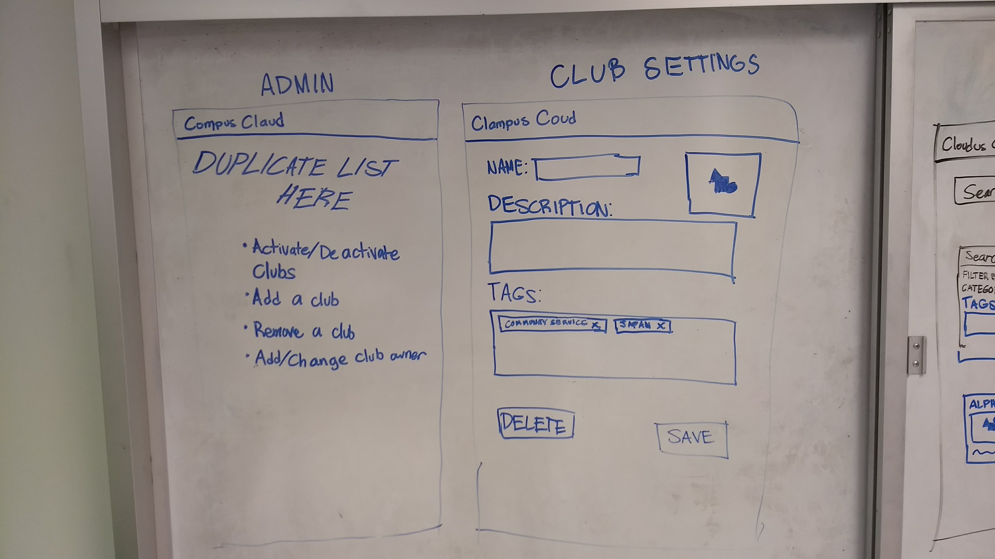 Mockup of admin page and club settings