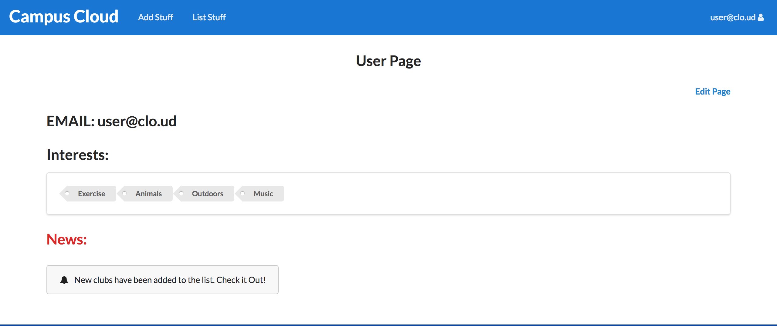 Initial mockup of user page